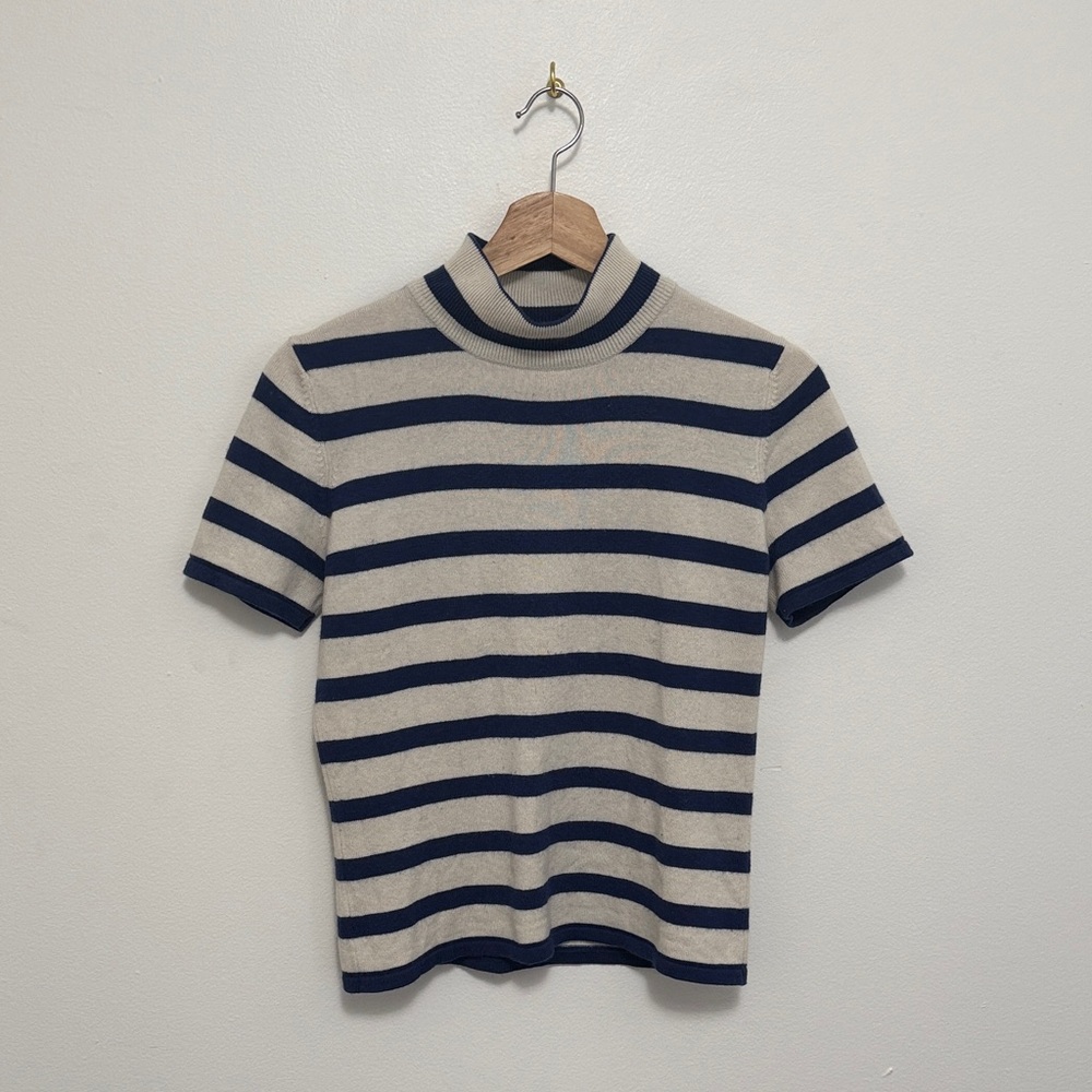 TSE Cashmere Blue + White Stripe Short Sleeve Turtleneck Top